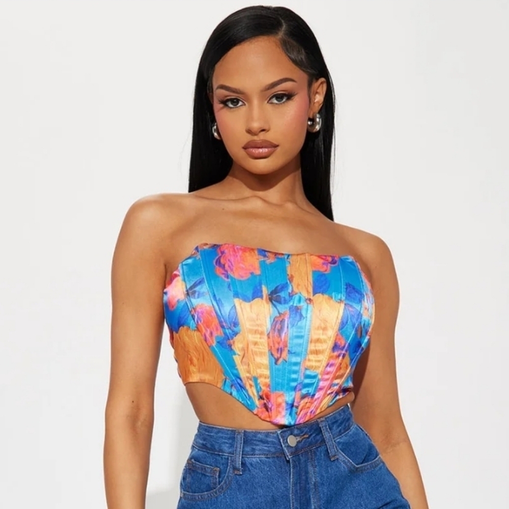 FASHION NOVA Satin Callin' For You Floral Corset Top - Blue/combo. S NWT